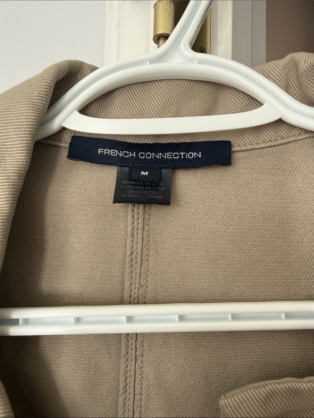 French Connection Beige Utility Jacket with Multicolor Striped Knit Sleeves - Picture 2 of 4